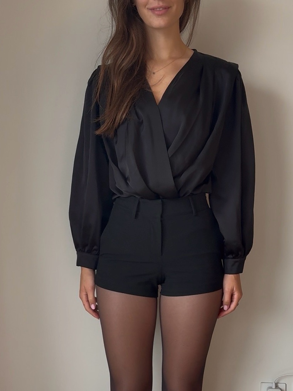 Elegant Black Draped V-Neck Blouse